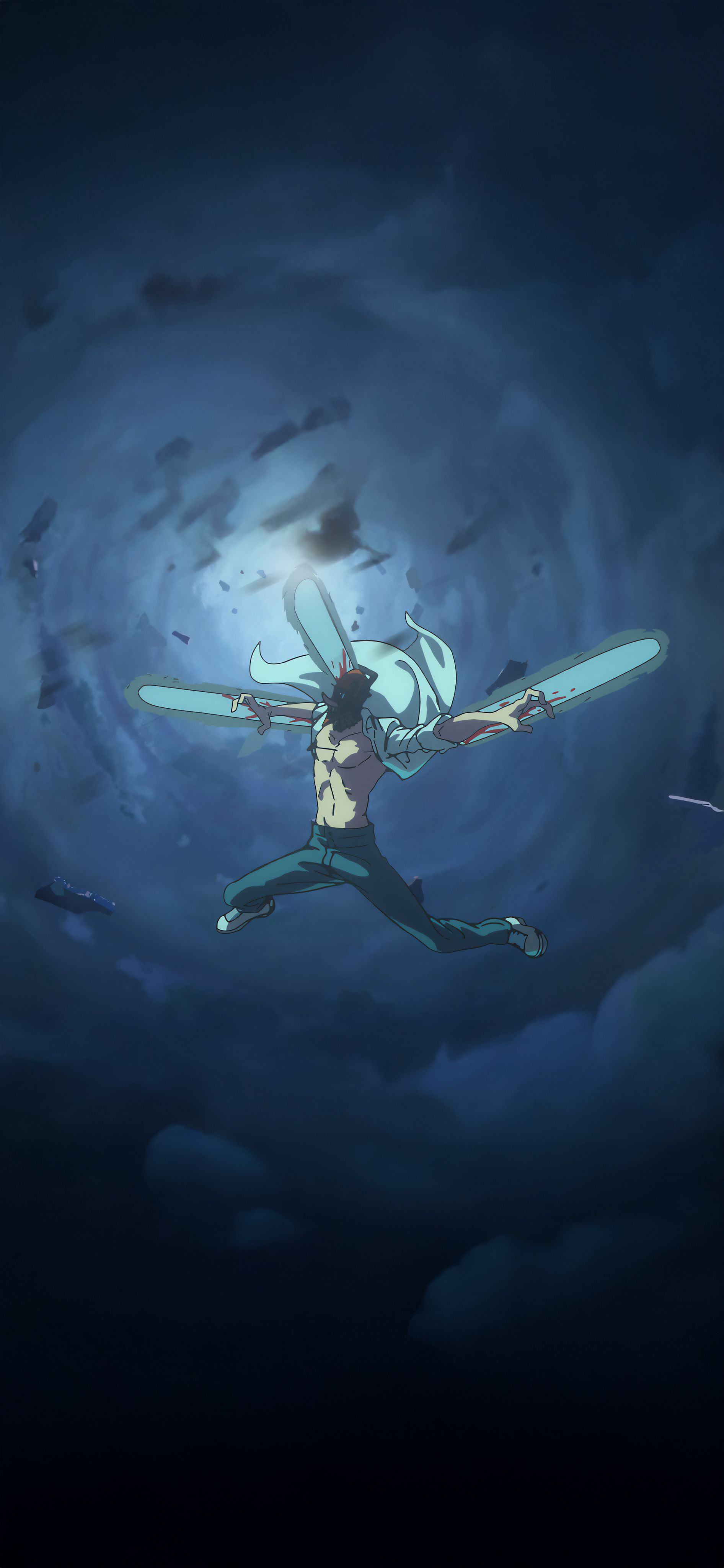 Depicts a character in a dynamic pose during battle, surrounded by floating debris and a halo of moonlight