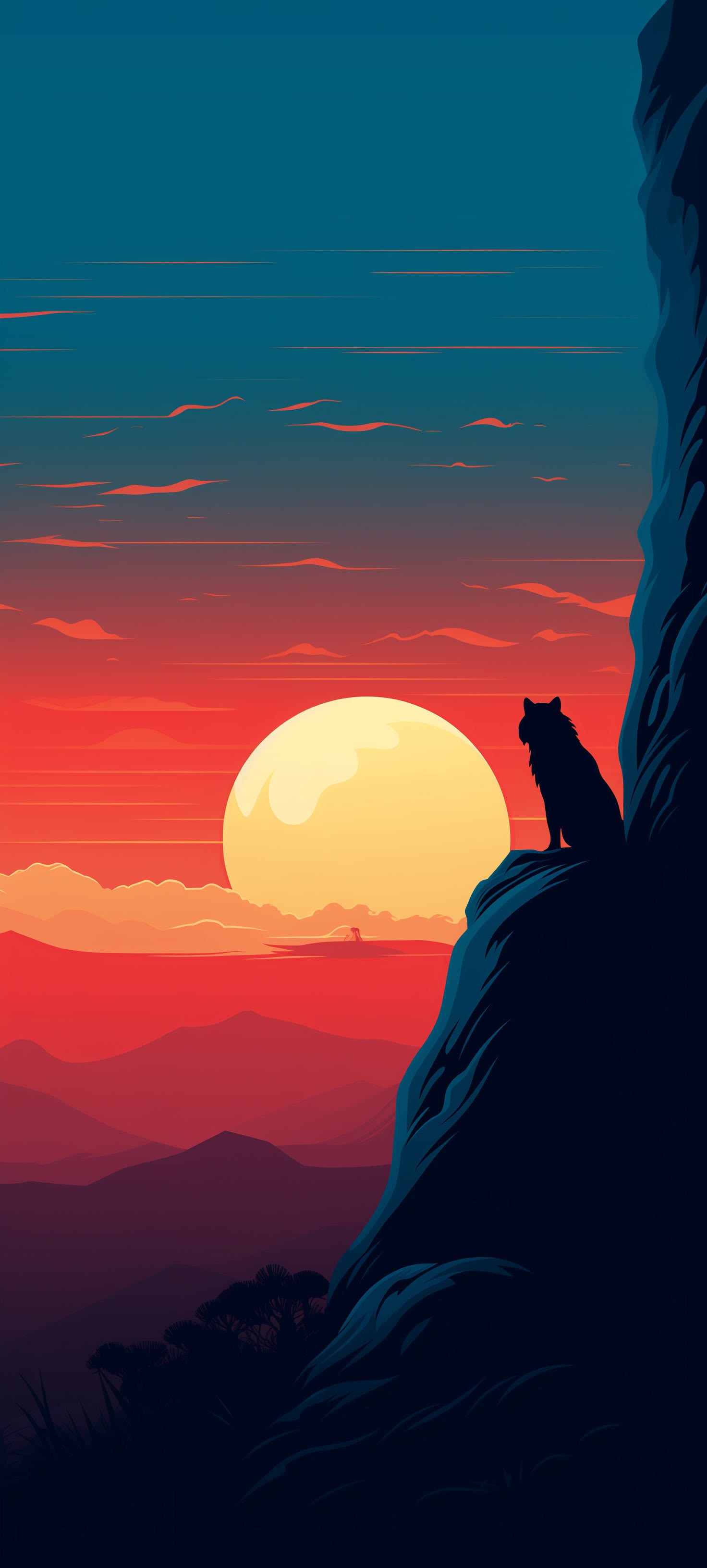 A lone wolf stands on a dark rocky precipice facing a colossal luminous sun