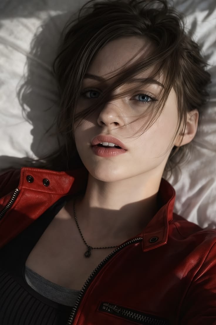 This is a hyperrealistic portrait featuring a bold crimson leather jacket against ivory bedding