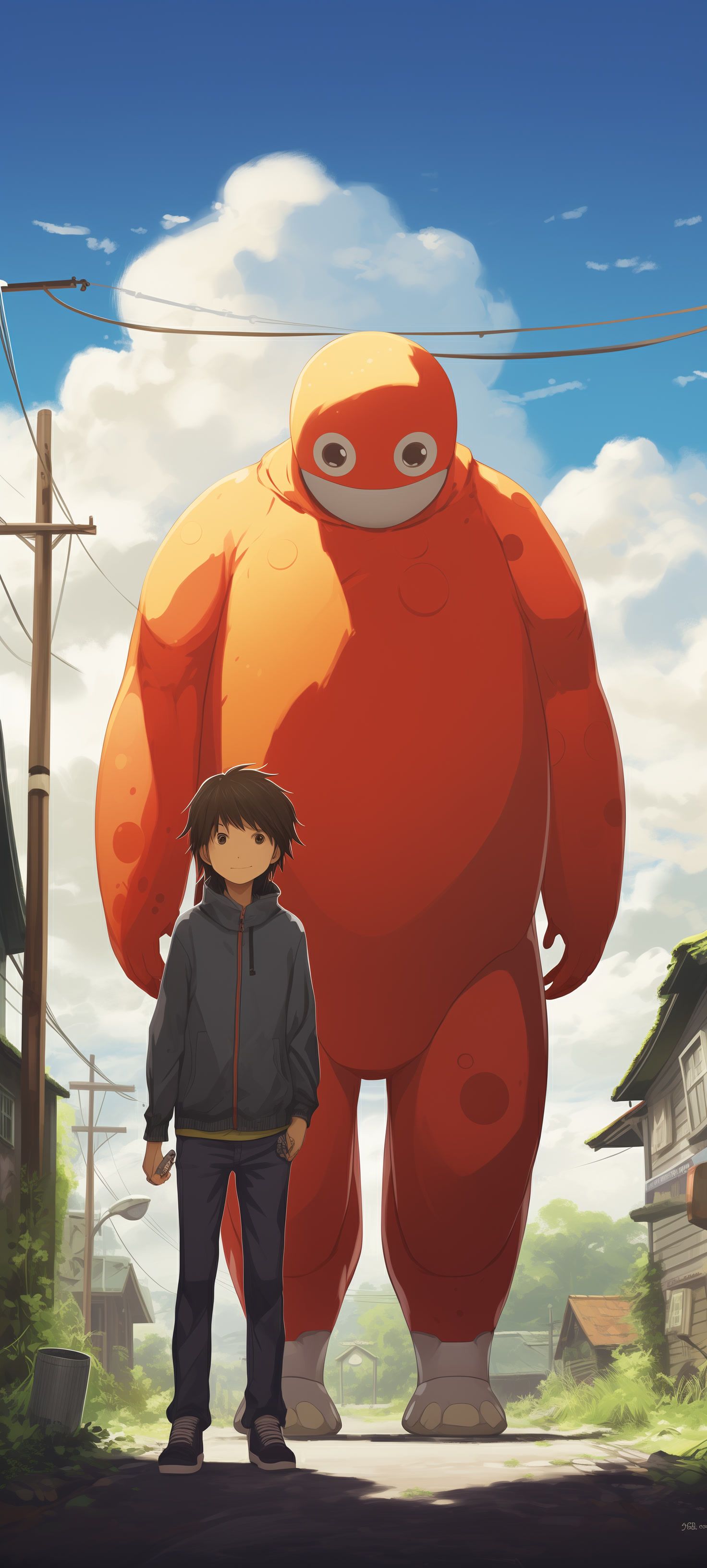 若いアニメ風の男の子が灰色のフード付きジャケットとダークデニムを着て、穏やかな田舎の通りに立っています。そこには、優しい笑顔と大きな目を持つオレンジレッドのマスコットがいます