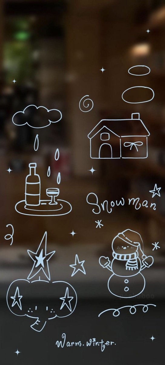 This is a winter illustration featuring white doodles on a warm-toned background