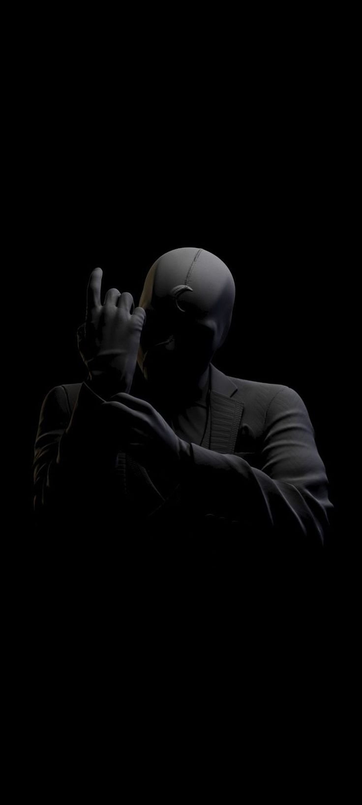 A low-key dramatic digital portrait of a masked figure in a suit