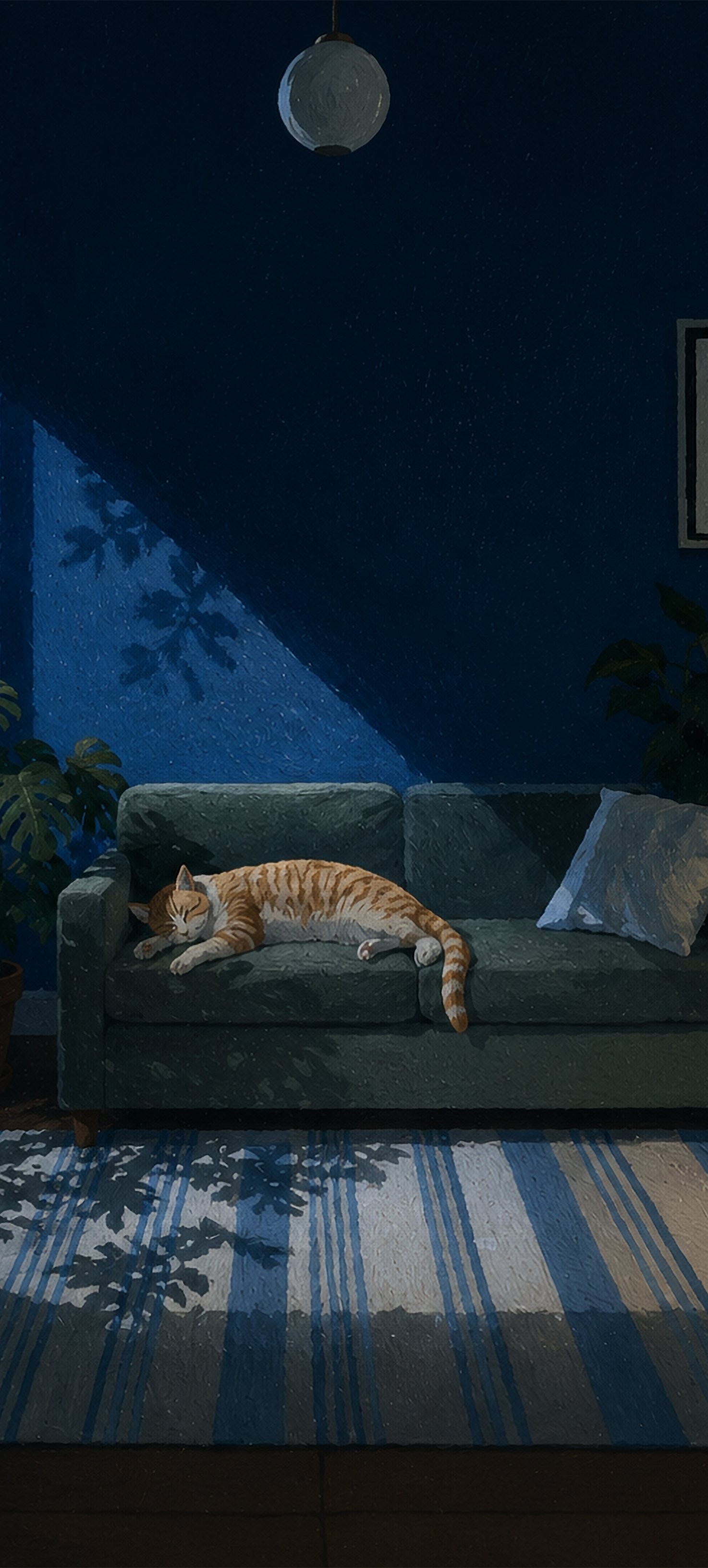 This piece depicts a sleeping tabby cat in a cozy domestic scene