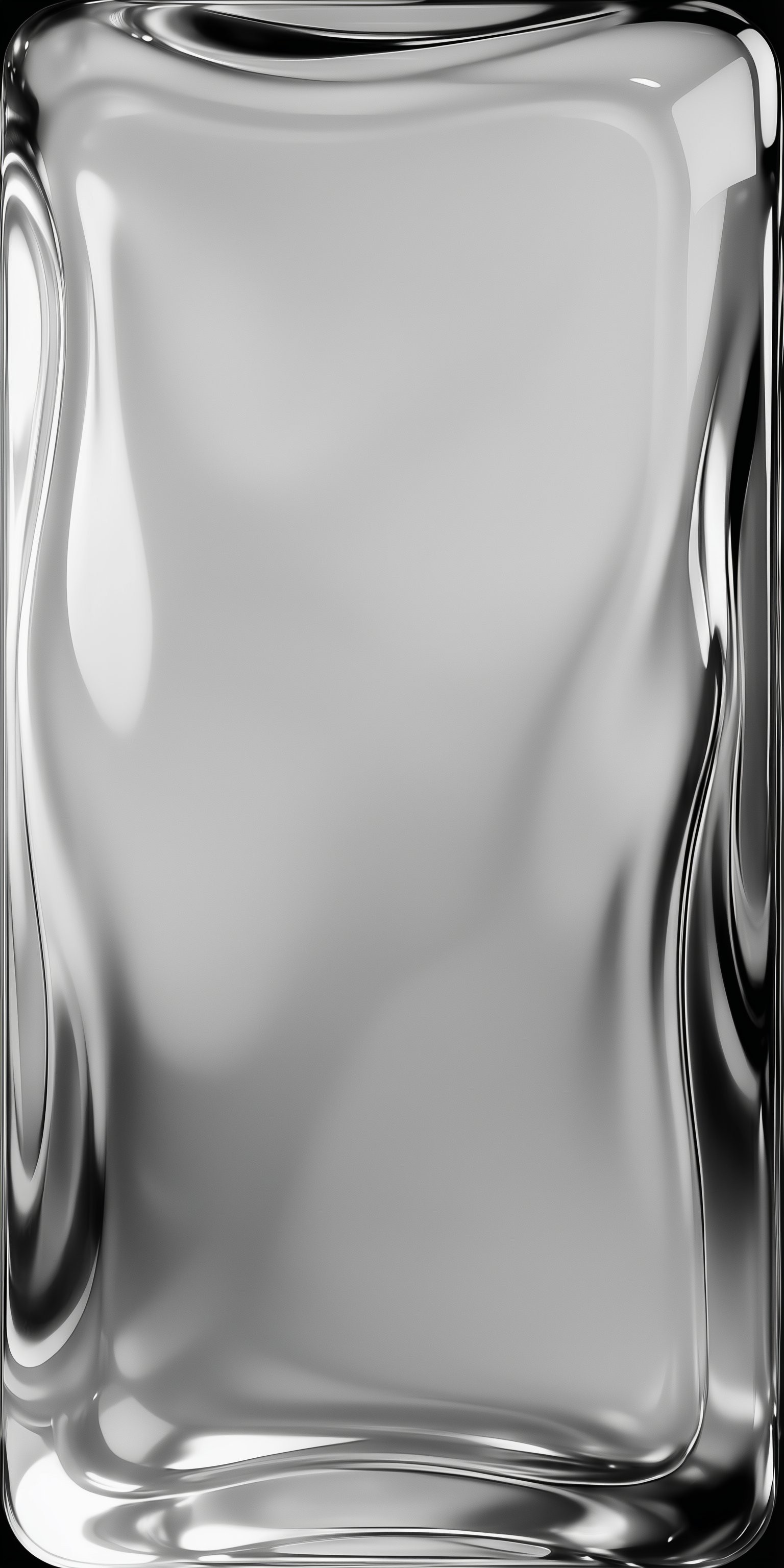 This is a monochromatic abstract artwork with a smooth gray center surrounded by a liquid-metal frame, embodying a sleek and minimalist style