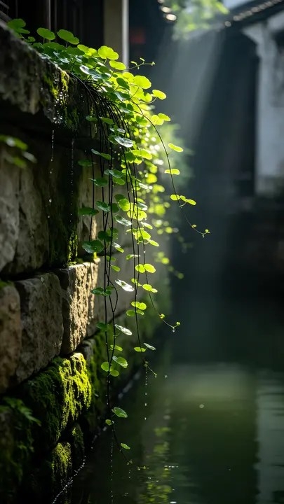 Sunlight illuminates the green vines on the ancient stone wall