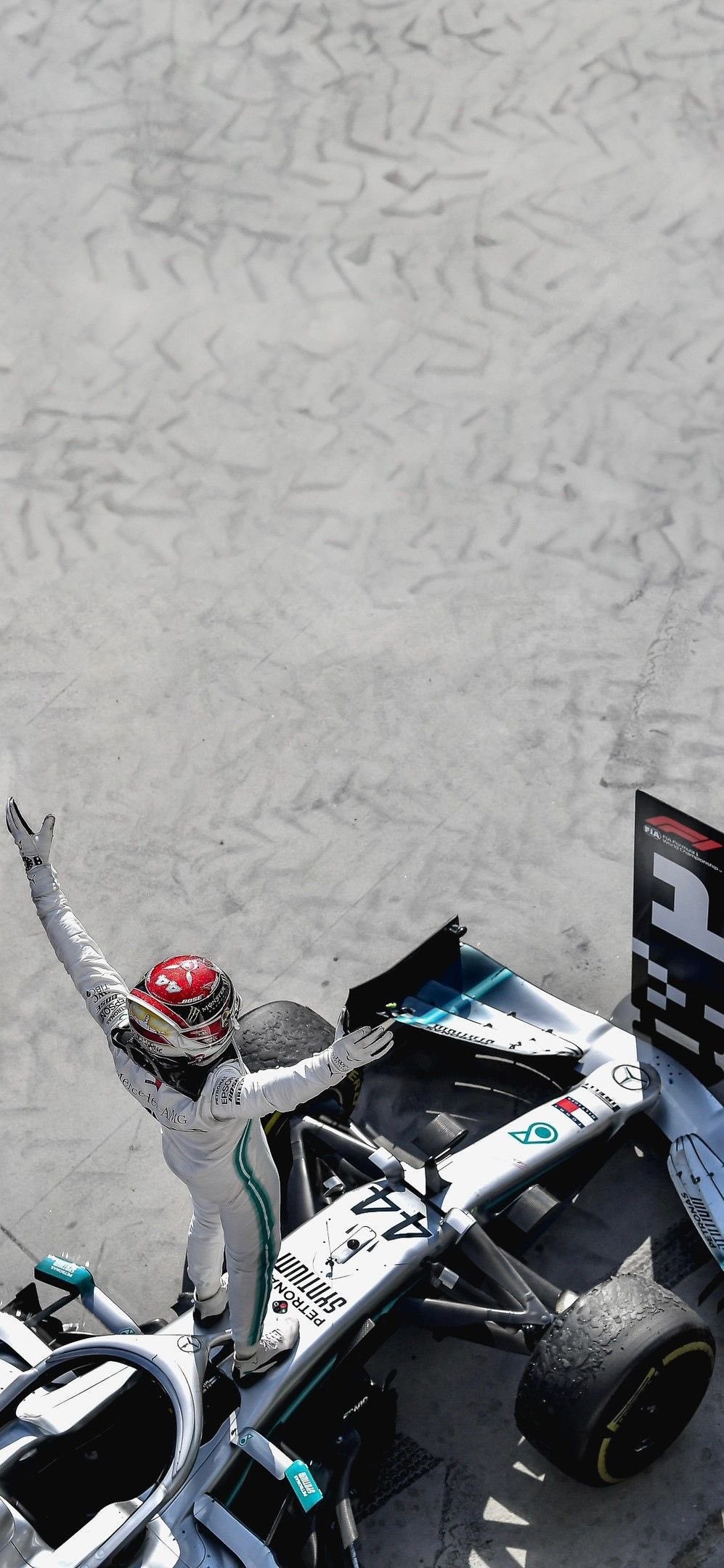 An F1 driver celebrates victory atop a Mercedes race car