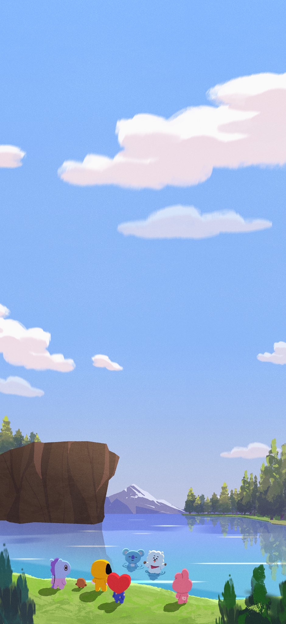Cute-character style digital painting set at a sunny lakeside