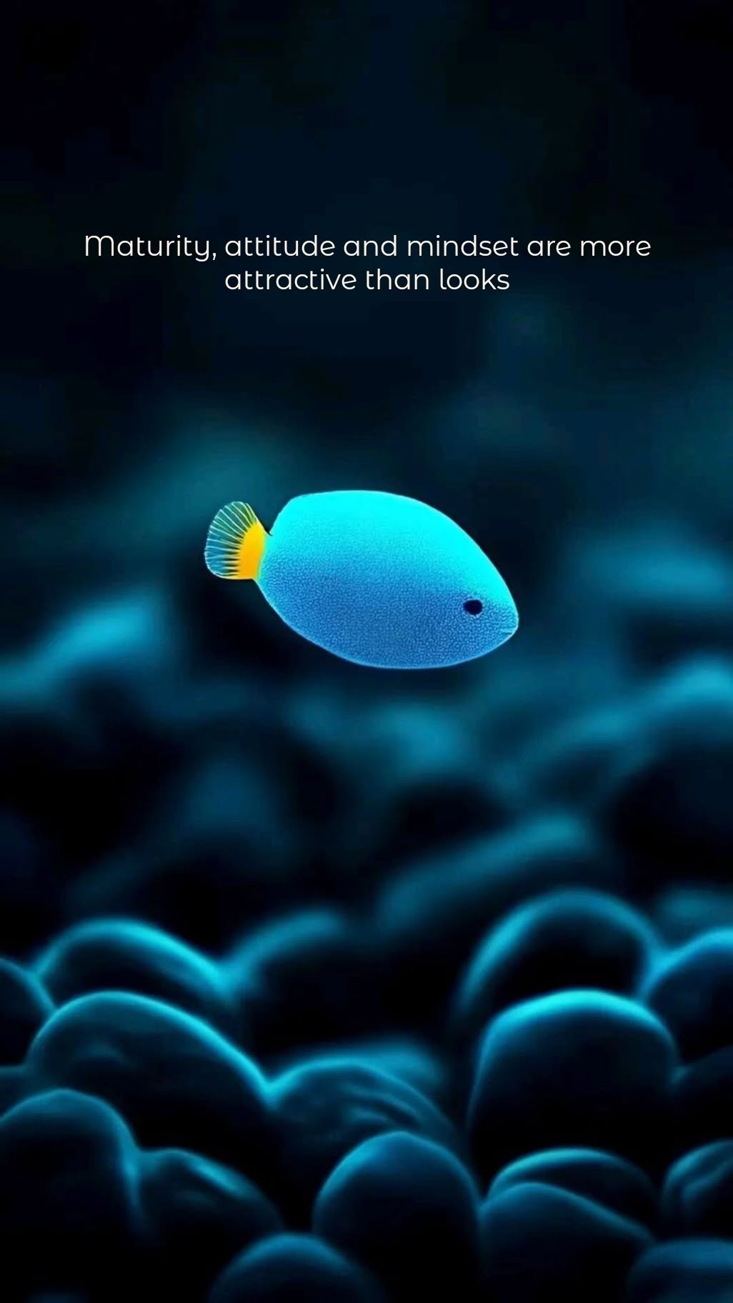 A luminous blue fish swimming in a deep underwater environment