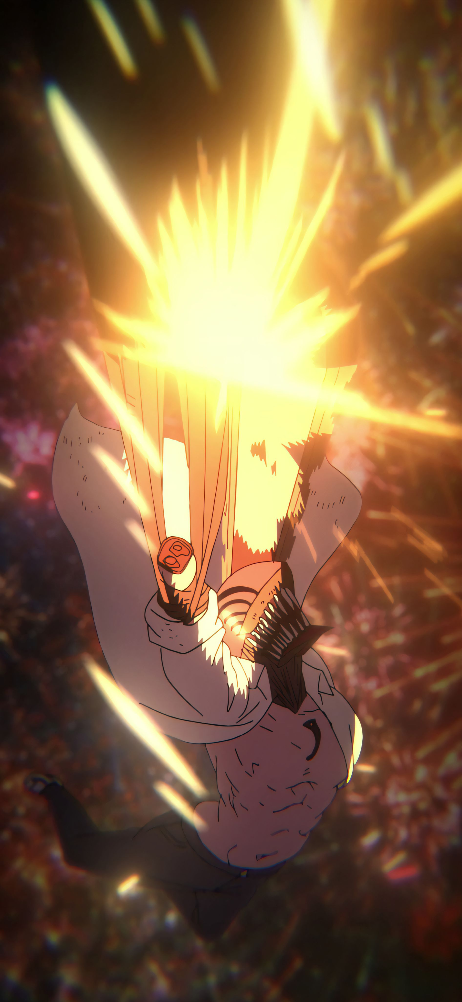 A vertical inverted character with arms raised and chainsaw blades extending upward in a supernatural shonen anime scene