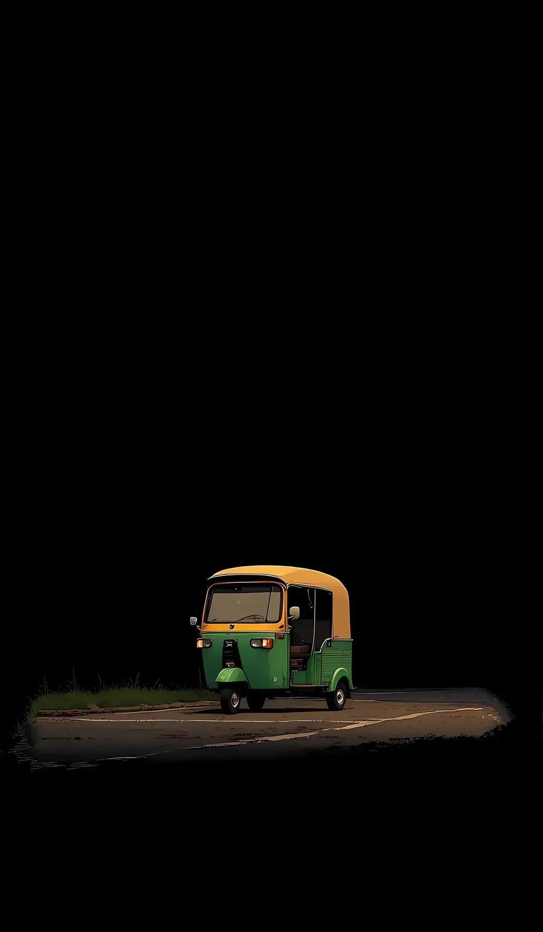 A stylized auto-rickshaw stands alone in the darkness