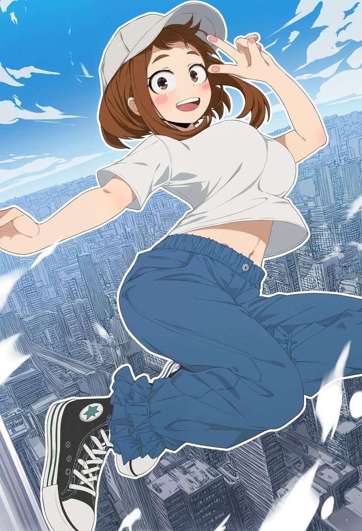 一位年輕女子在城市上空愉快漂浮的動態動漫插圖