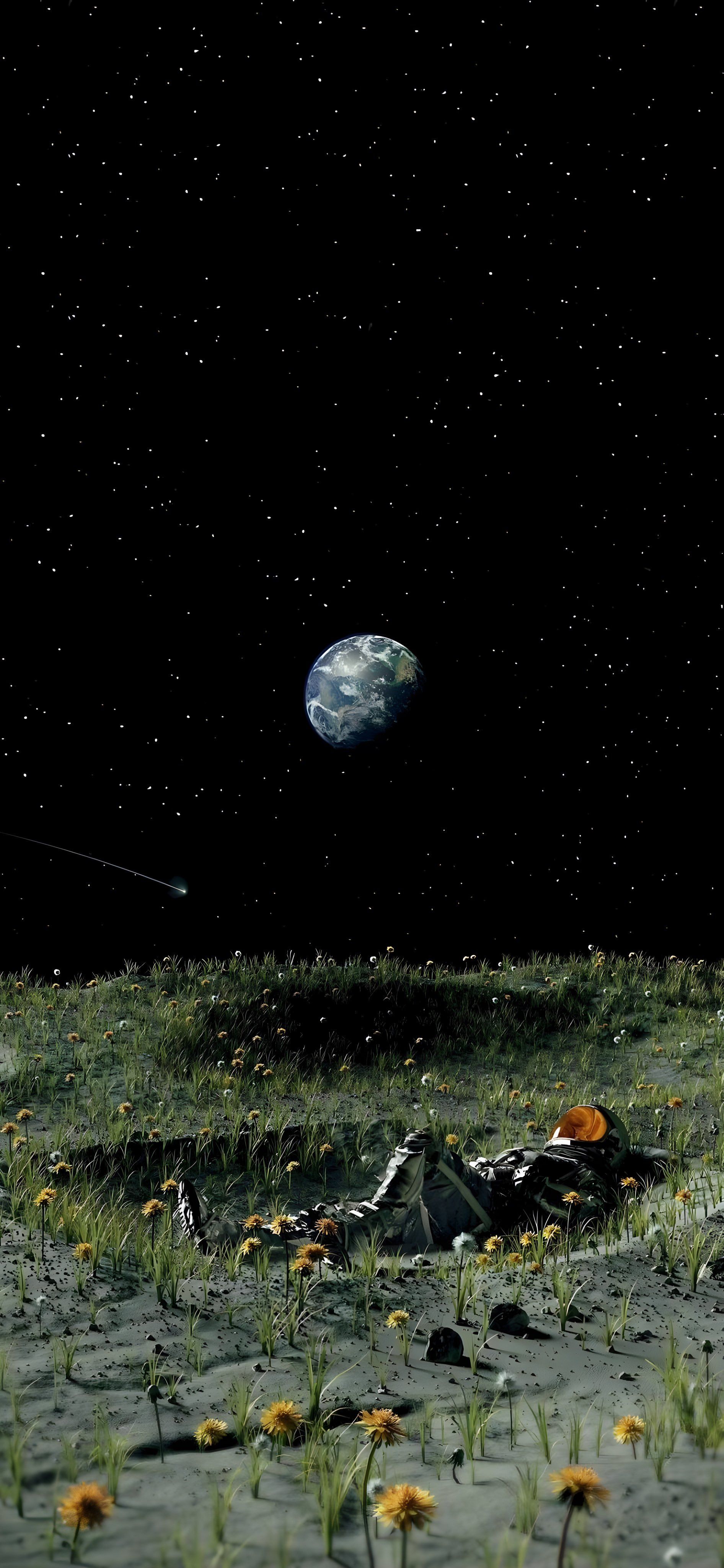 An astronaut meditates in a surreal sci-fi landscape