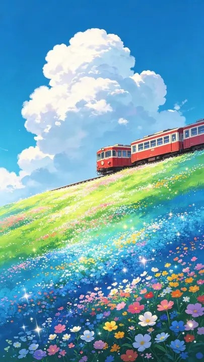A vintage red train travels through a colorful sea of flowers
