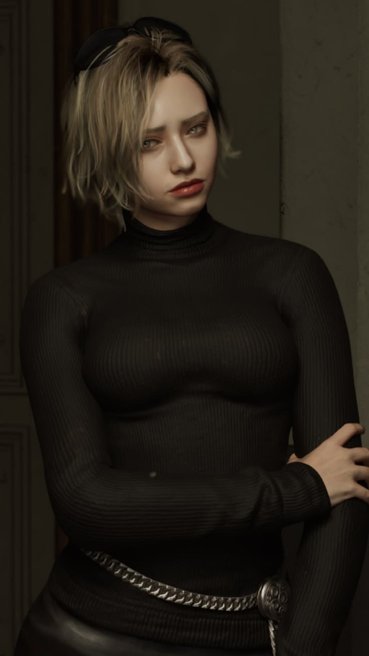 This image presents a hyper-realistic 3D render of a female character in a moody interior setting