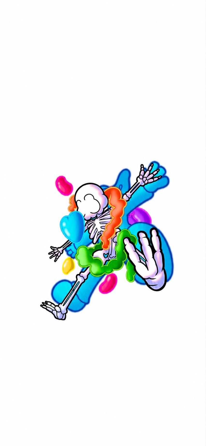 A white skeleton with orange and blue hair floats surrounded by vibrant abstract elements