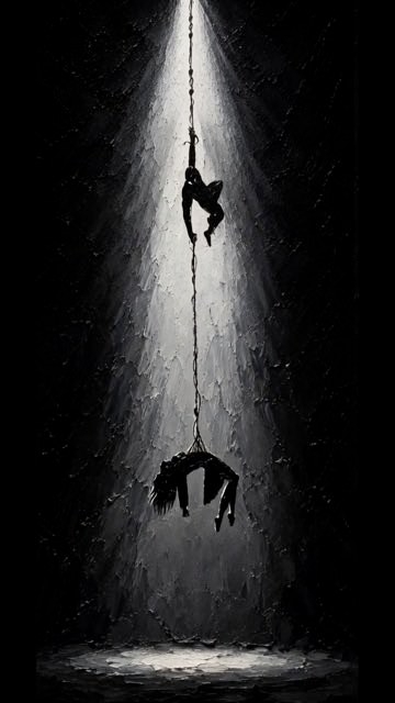 A beam of light illuminates the climber and the suspended figure in a dark space