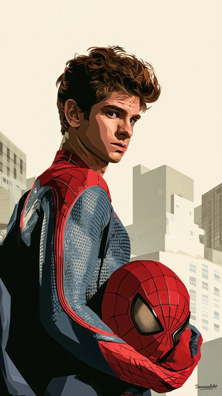 Um jovem vestido com um traje vermelho e azul segura uma máscara vermelha do Homem-Aranha com uma expressão séria