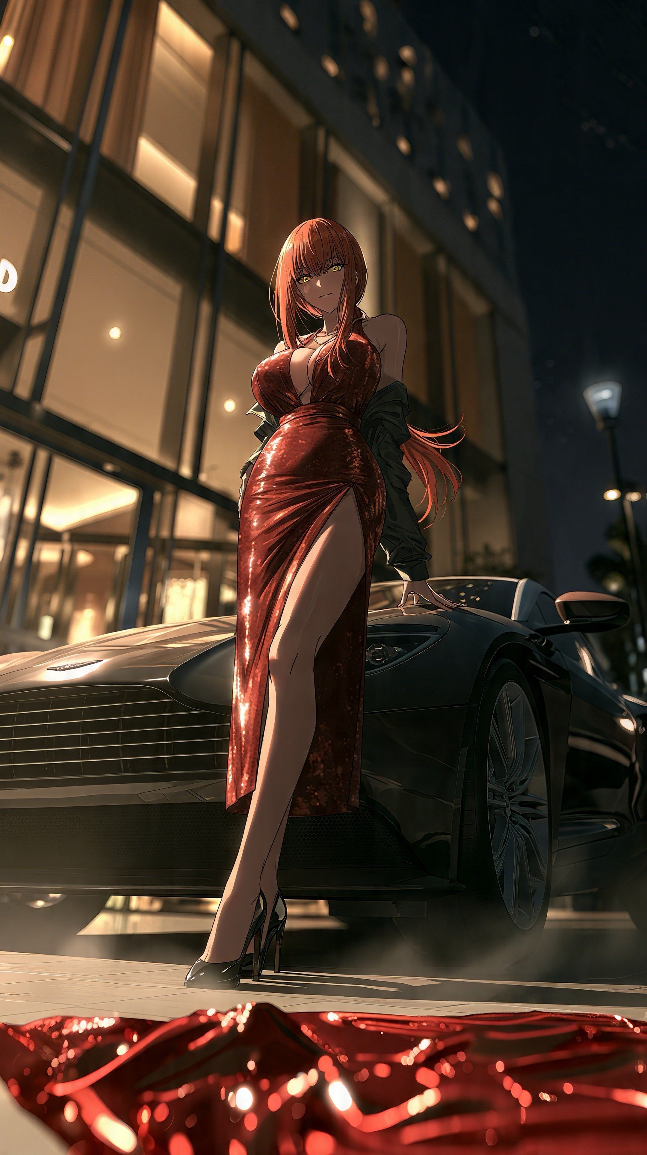 A woman in a red dress leans against a black sports car in an urban night setting