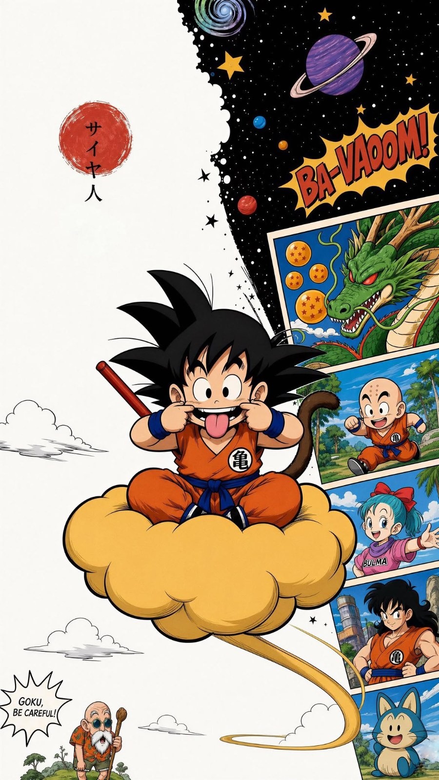Um menino vestido de uniforme de artes marciais laranja faz caretas em uma nuvem, carregando um bastão curto vermelho e cercado por estrelas e personagens de quadrinhos