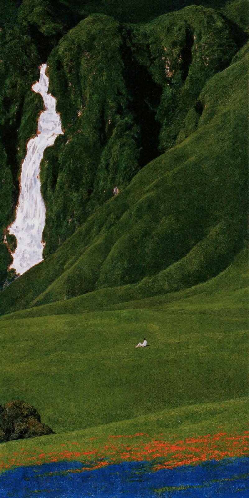 In a green valley, there is a white waterfall and a figure in white