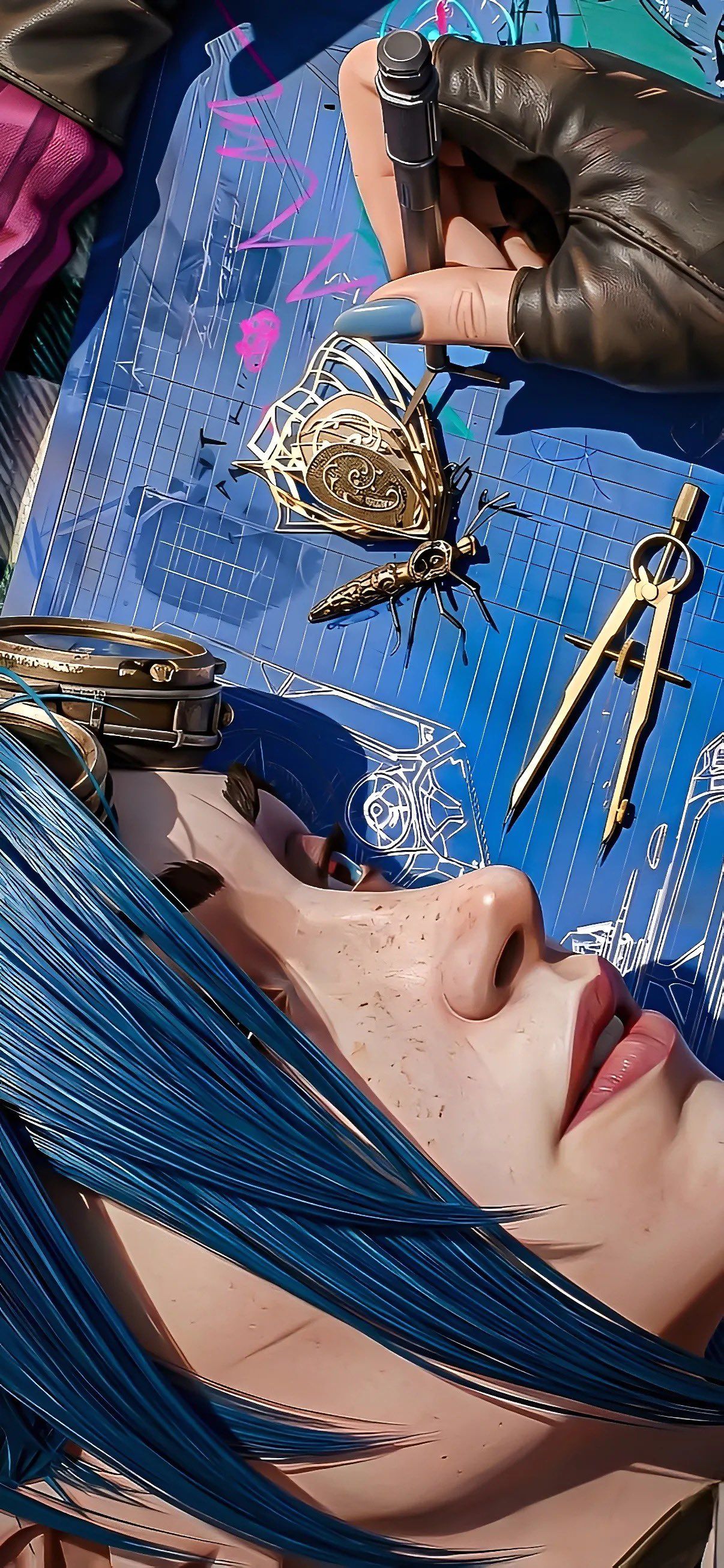A young woman with blue hair holds a tool in front of a mechanical butterfly device