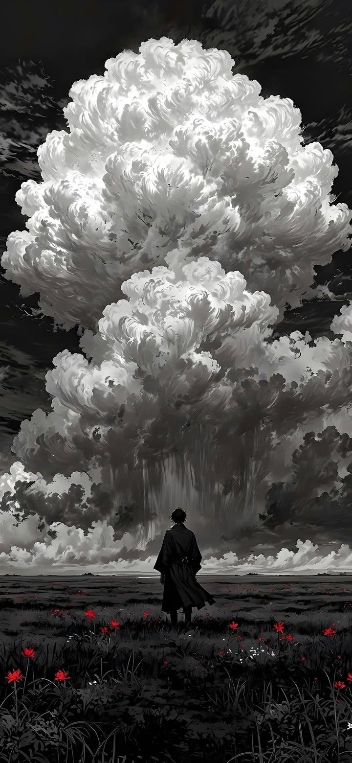 Ein Mann in Schwarz steht allein in der Wildnis und schaut auf die riesige Regenwolke