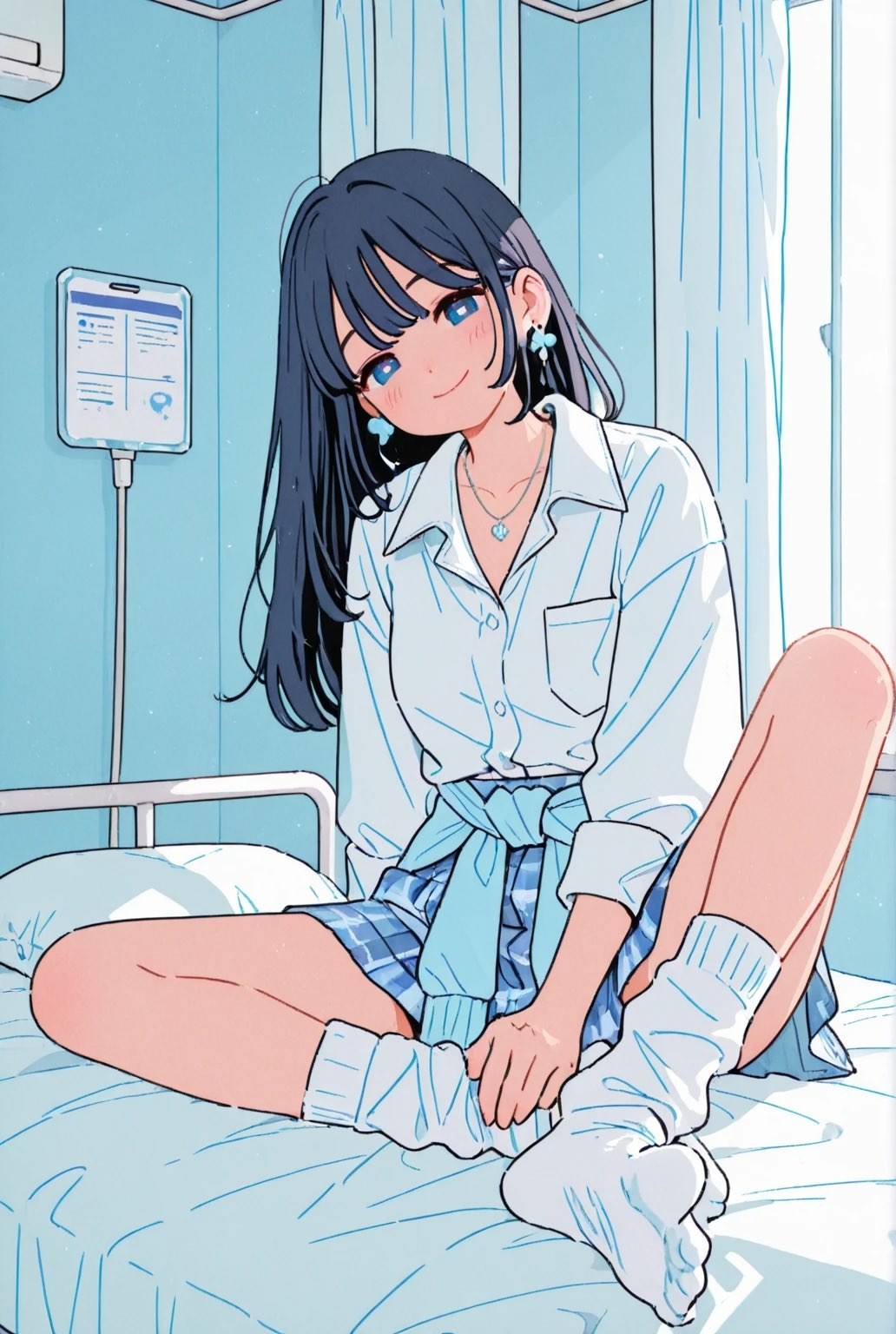A blue-haired girl with black eyes sits on a hospital bed wearing a white shirt and checkered skirt
