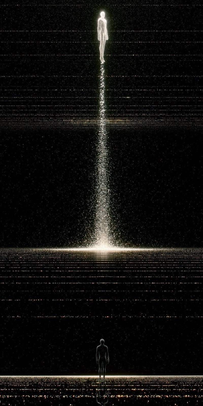 In einem schwarz-weißen digitalen Raum blickt eine dunkle Silhouette auf eine leuchtende Figur