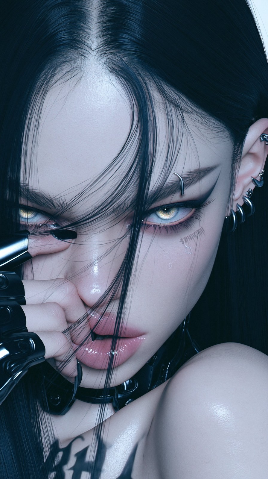 A dark-haired woman gazes sharply at the camera, showcasing a blend of cyberpunk and gothic aesthetics