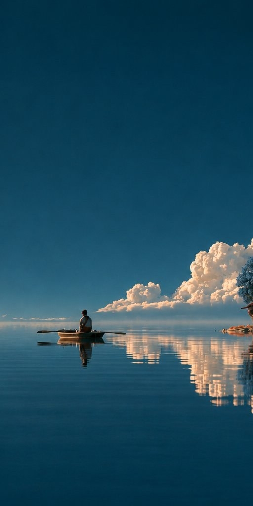 A person in simple clothing sits alone in a wooden boat on a tranquil water surface