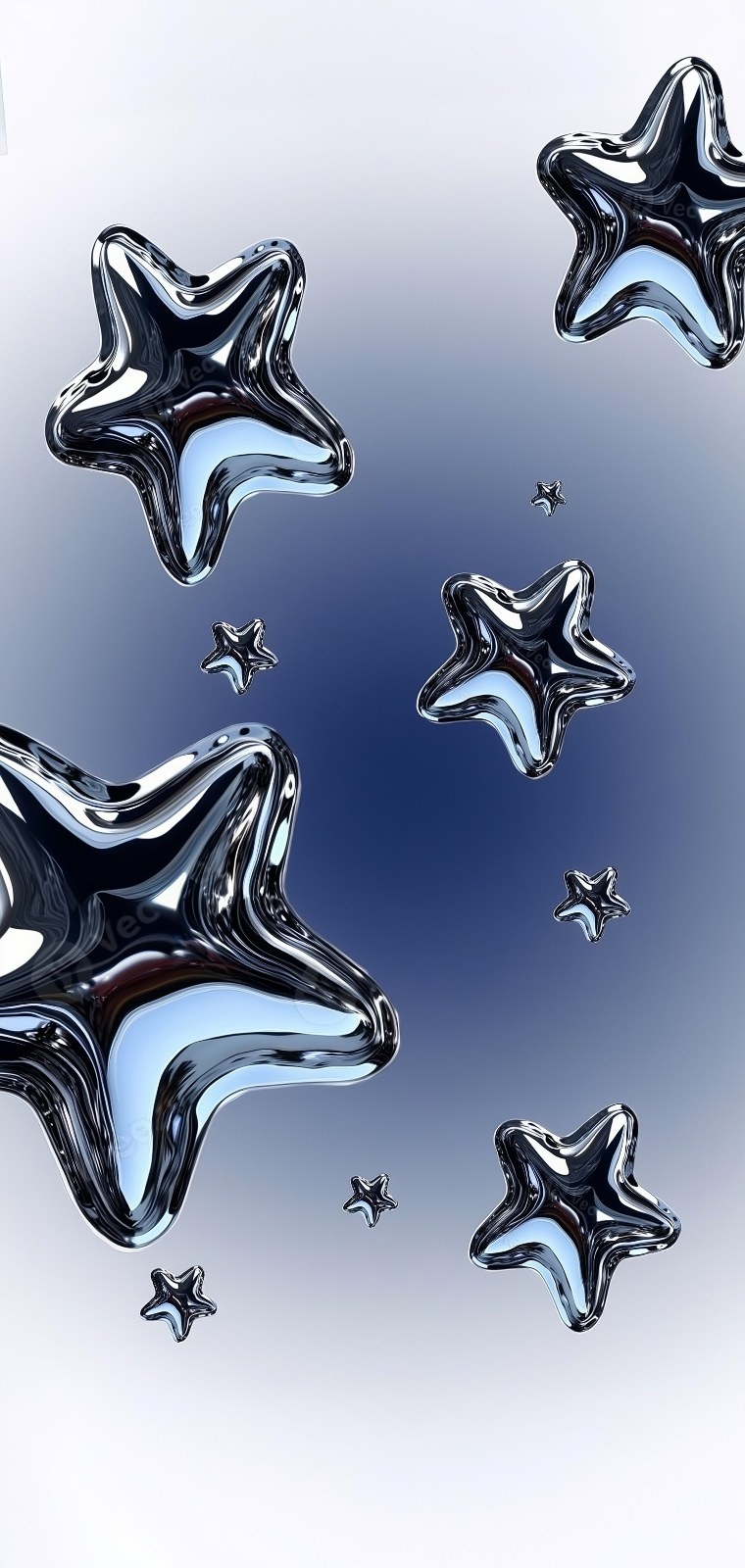 L'image présente des pentagones en métal liquide hautement réfléchissants flottant sur un fond dégradé