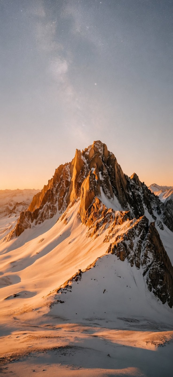Uma magnífica montanha coberta de neve exibe um forte contraste entre dourado e branco ao amanhecer ou ao pôr do sol