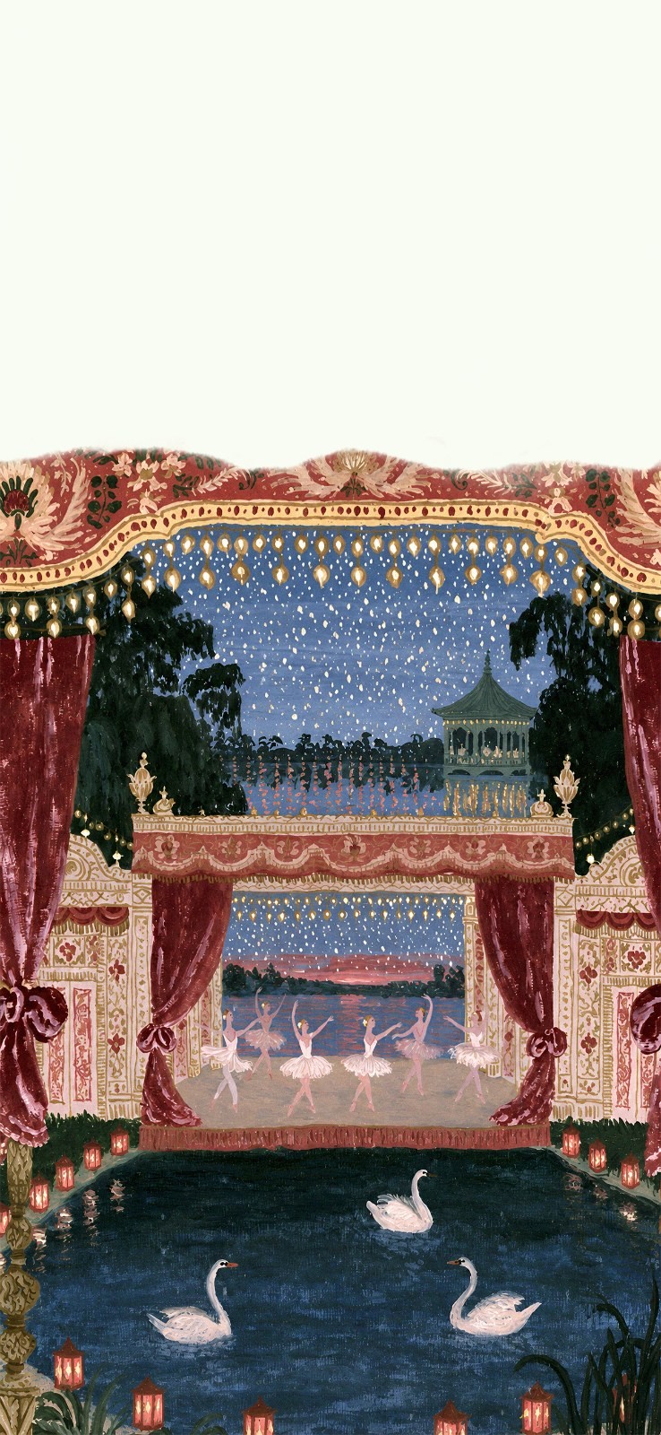 L'illustration représente un théâtre aquatique en plein air avec des danseurs se produisant sur un fond de rêve
