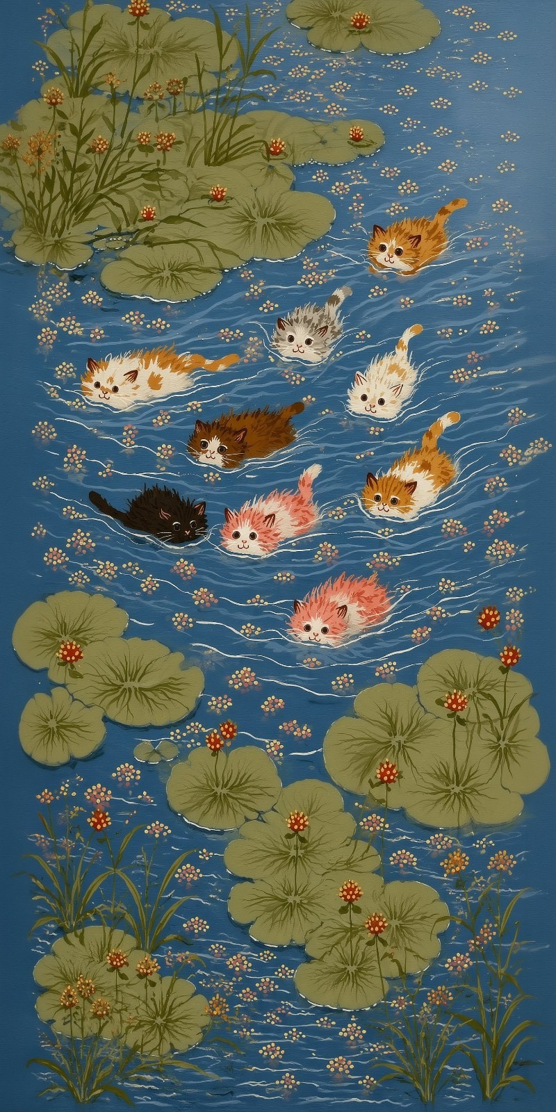 Neuf chatons nagent à la surface de l'eau avec des expressions charmantes