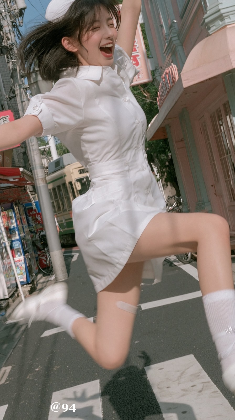 A girl in a white shirt dress, white socks and shoes jumps happily on the street