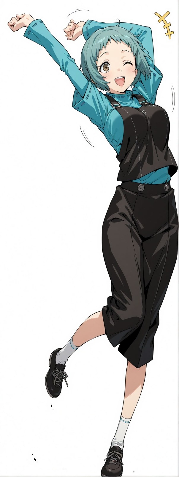 A light blue-green haired anime girl is wearing a blue turtleneck and loose black overalls