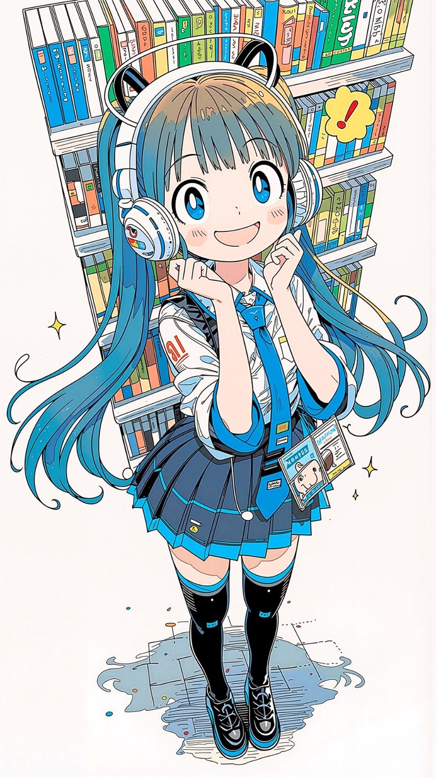 Ein Manga-Mädchen mit blauen Haaren und Zöpfen lächelt vor einem Bücherregal