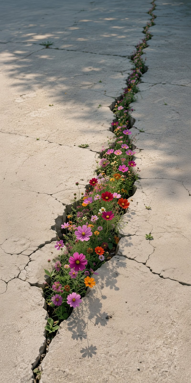 Colorful wildflowers are growing in the cracks of the dry concrete ground