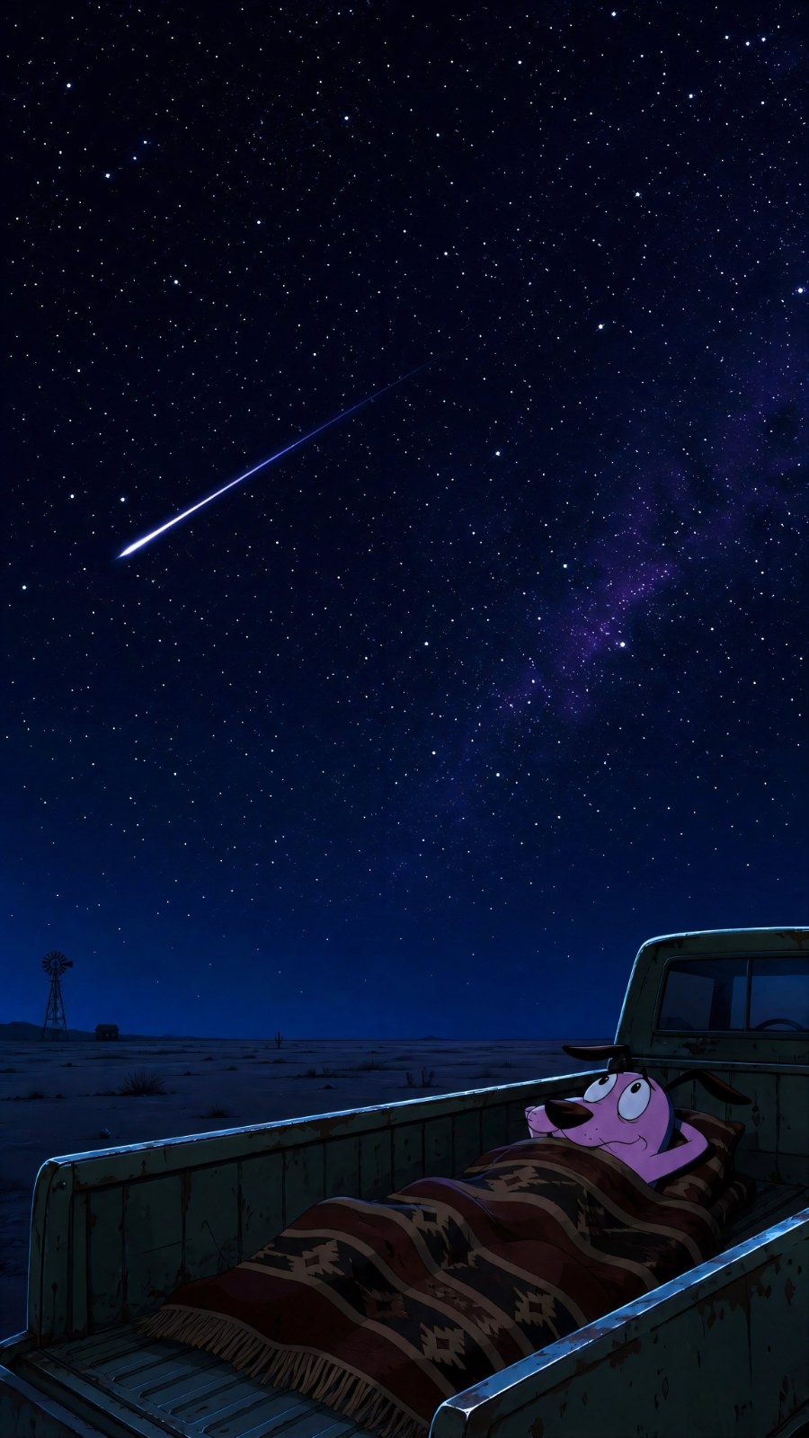 Sous le ciel étoilé de la nuit, un chien en cartoon dans un vieux pickup regarde les étoiles