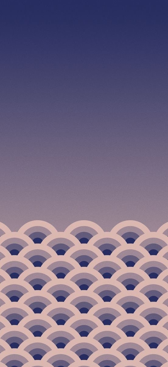 L'image présente un fond abstrait minimaliste avec un dégradé du bleu indigo profond au lavande clair et un motif en éventail en bas