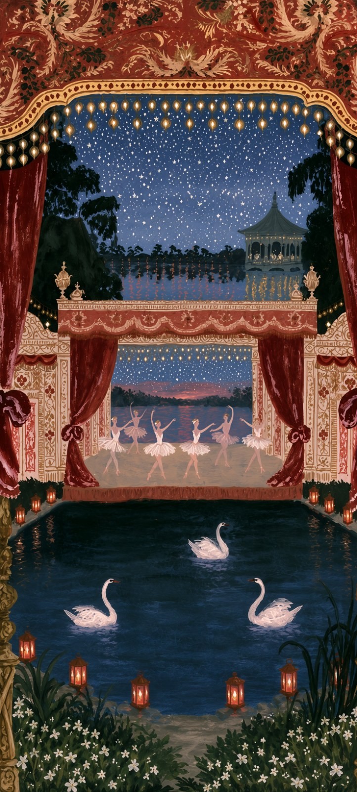 L'illustration de la scène nocturne présente une scène de rêve avec des ballerines et des cygnes