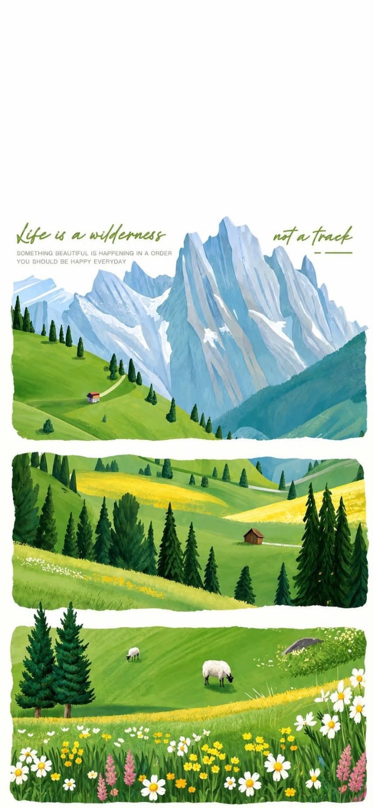 This illustration depicts mountains, hills, flowers, and sheep