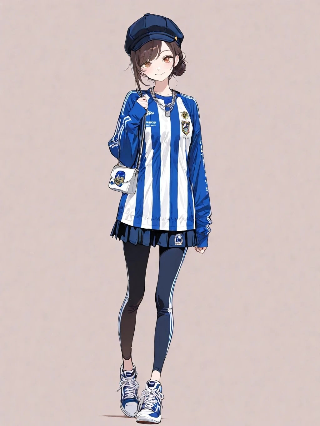 アニメ少女が淡いベージュの背景の前に立ち、スポーティな服装をしています