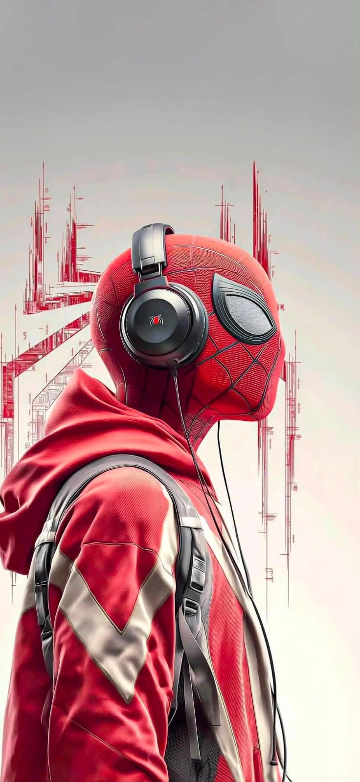 Character wearing a red spider web hood and black headphones with backpack