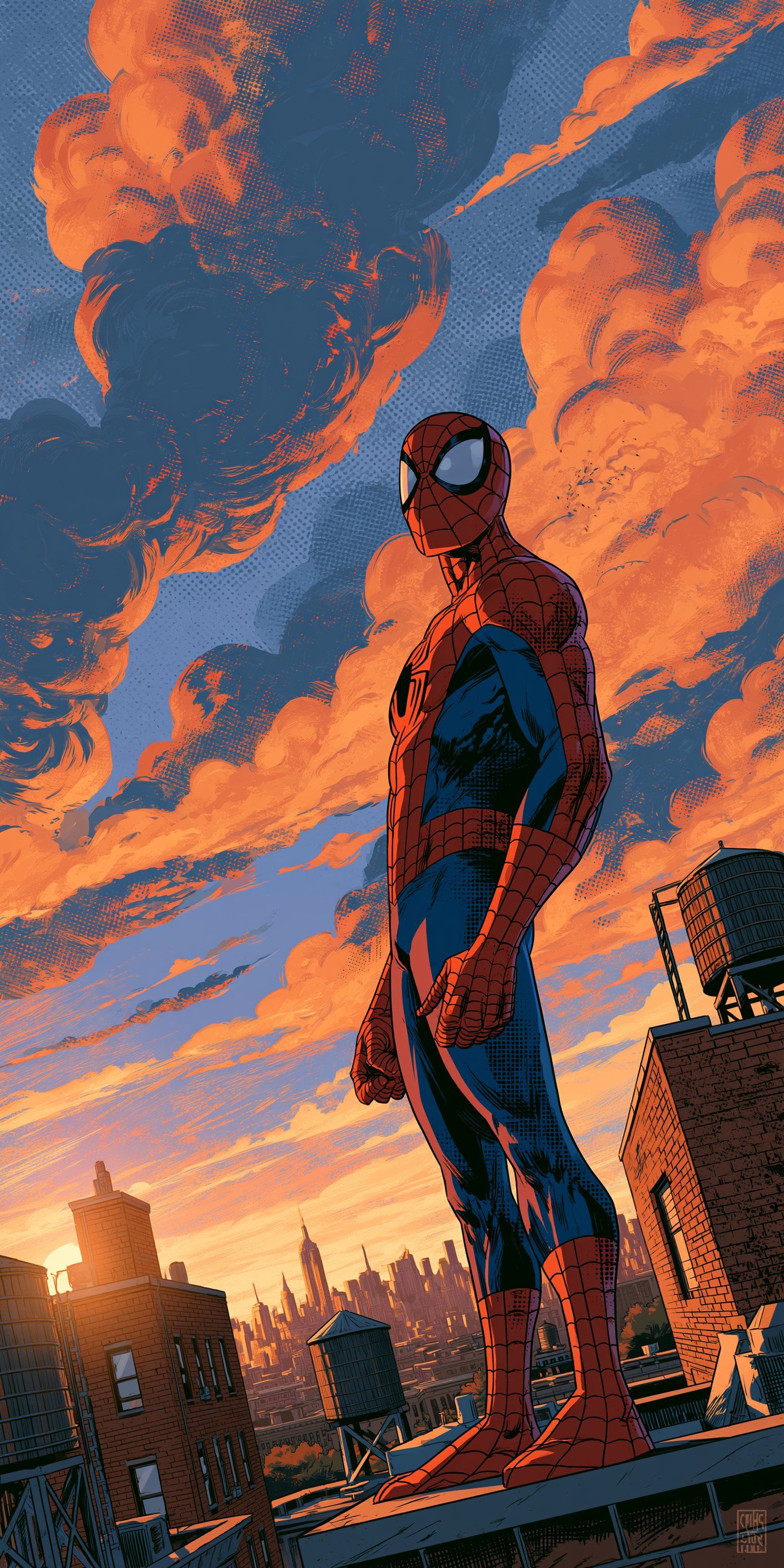 A figure in a red-and-blue suit stands on a rooftop edge with their head slightly turned against a background of orange and blue clouds and a cityscape