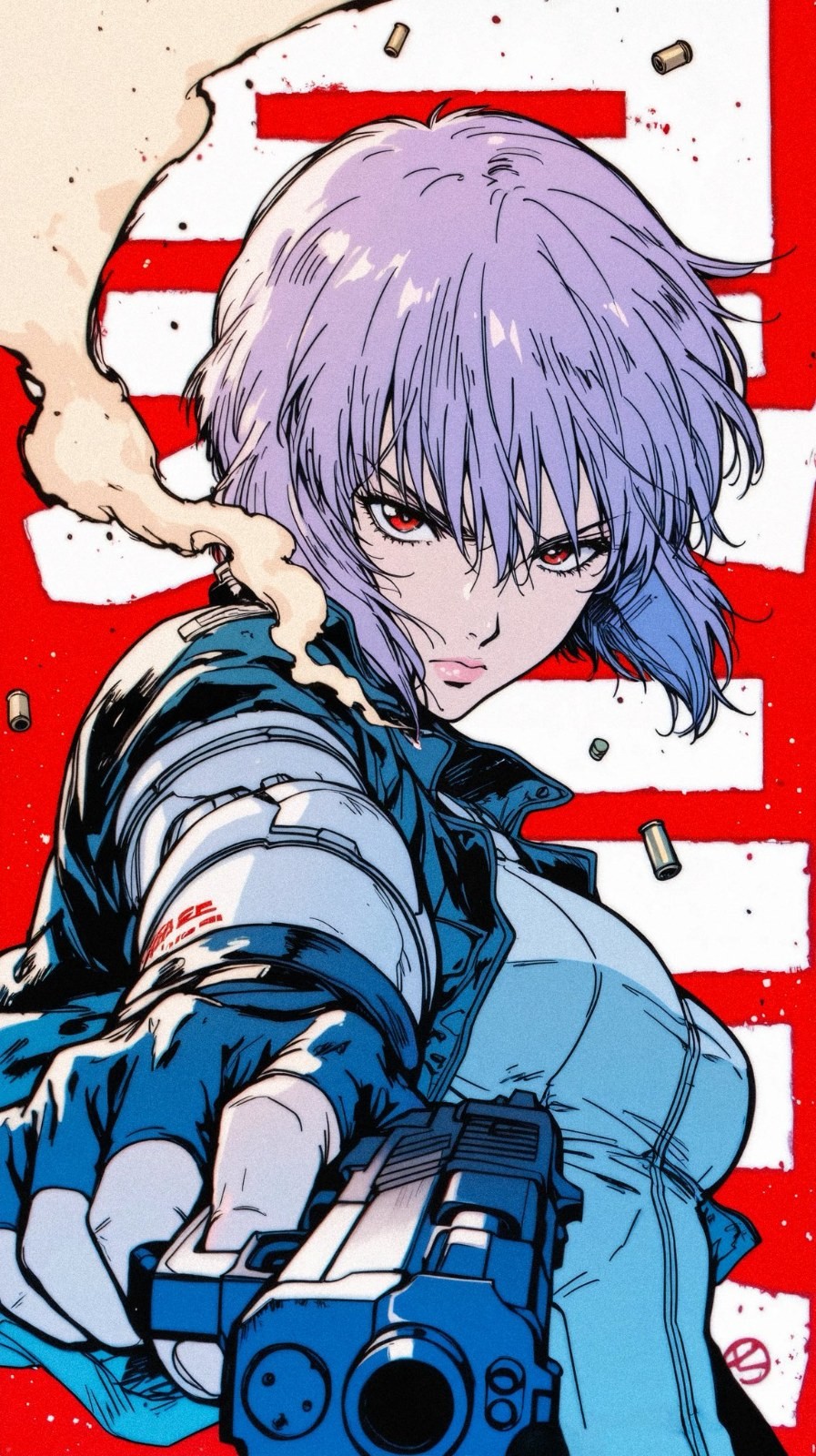 A purple-haired female character holds a gun sideways against a red and white striped background