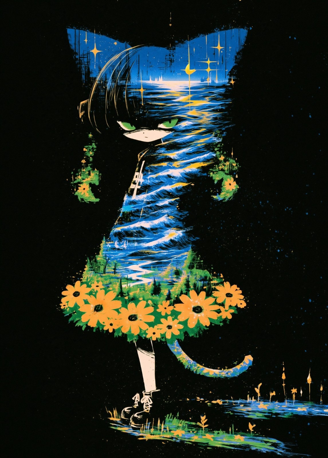 A cat-eared girl stands under the night sky, showcasing a mysterious and dreamy illustration style