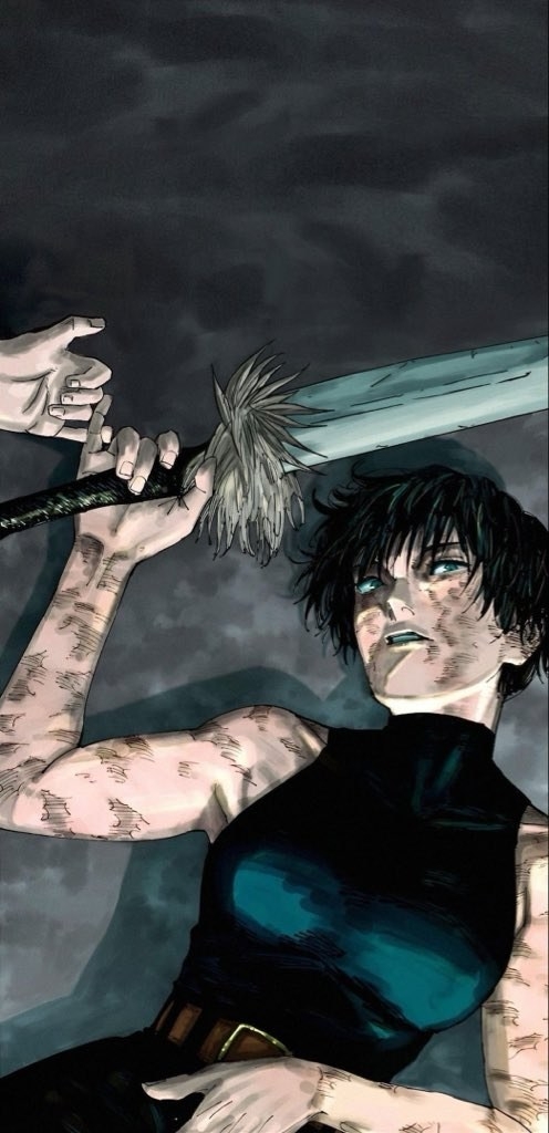 Eine Illustration einer schwarzhaarigen Frau, die ein großes Messer mit Verletzungen und Schmutz auf ihrem Körper hält