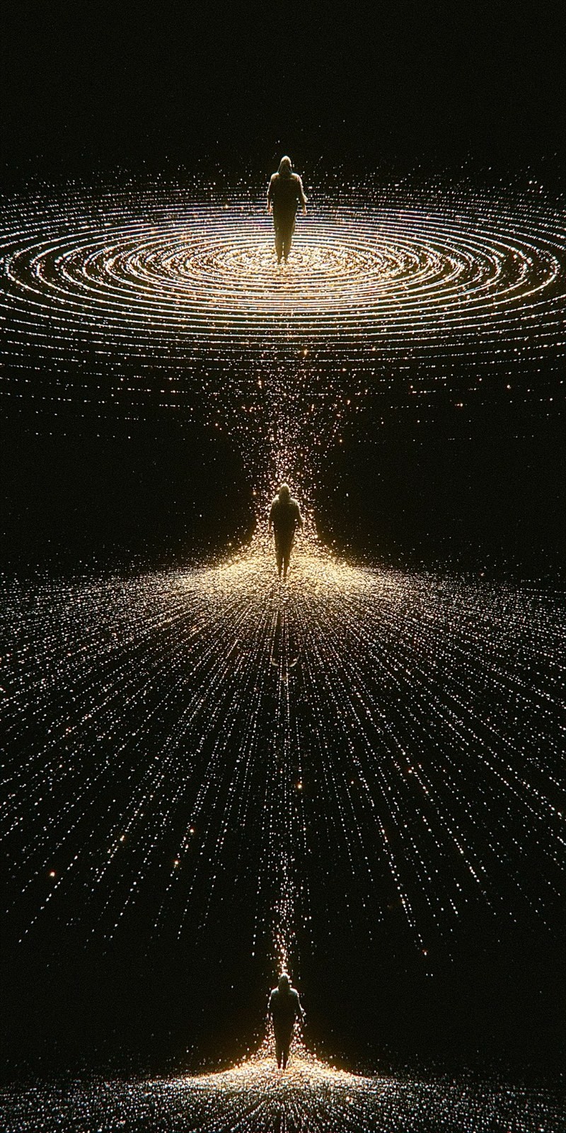 Drei dunkle menschliche Silhouetten sind auf einem schwarzen Hintergrund vertikal angeordnet und zeigen eine surreale technologische Ästhetik