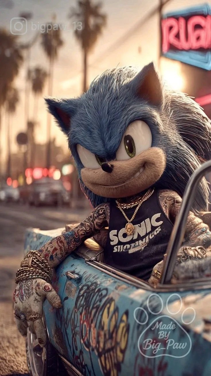 Eine blaue Igel-Figur in einem schwarzen Tanktop und goldenen Ketten lehnt an einem graffiti-bedeckten blauen Auto